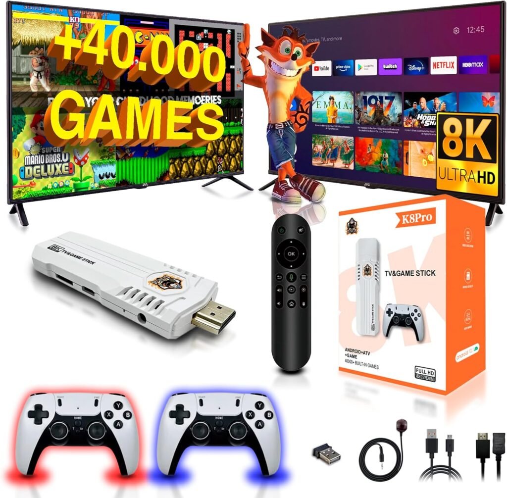 SVP Game - K8 Pro Consola de juegos retro, Game Stick con +40.000 juegos +14 emuladores + Android TV - Game TV Stick, Plug & Play HDMI con 2 mandos y control TV inalámbricos