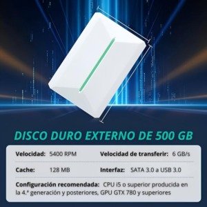 Disco duro externo de 500 GB para almacenamiento y juegos retro.