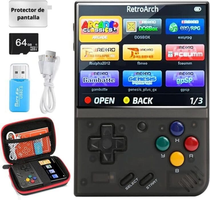 Consola de juegos retro SVP Game con pantalla de 3.5 pulgadas y accesorios.